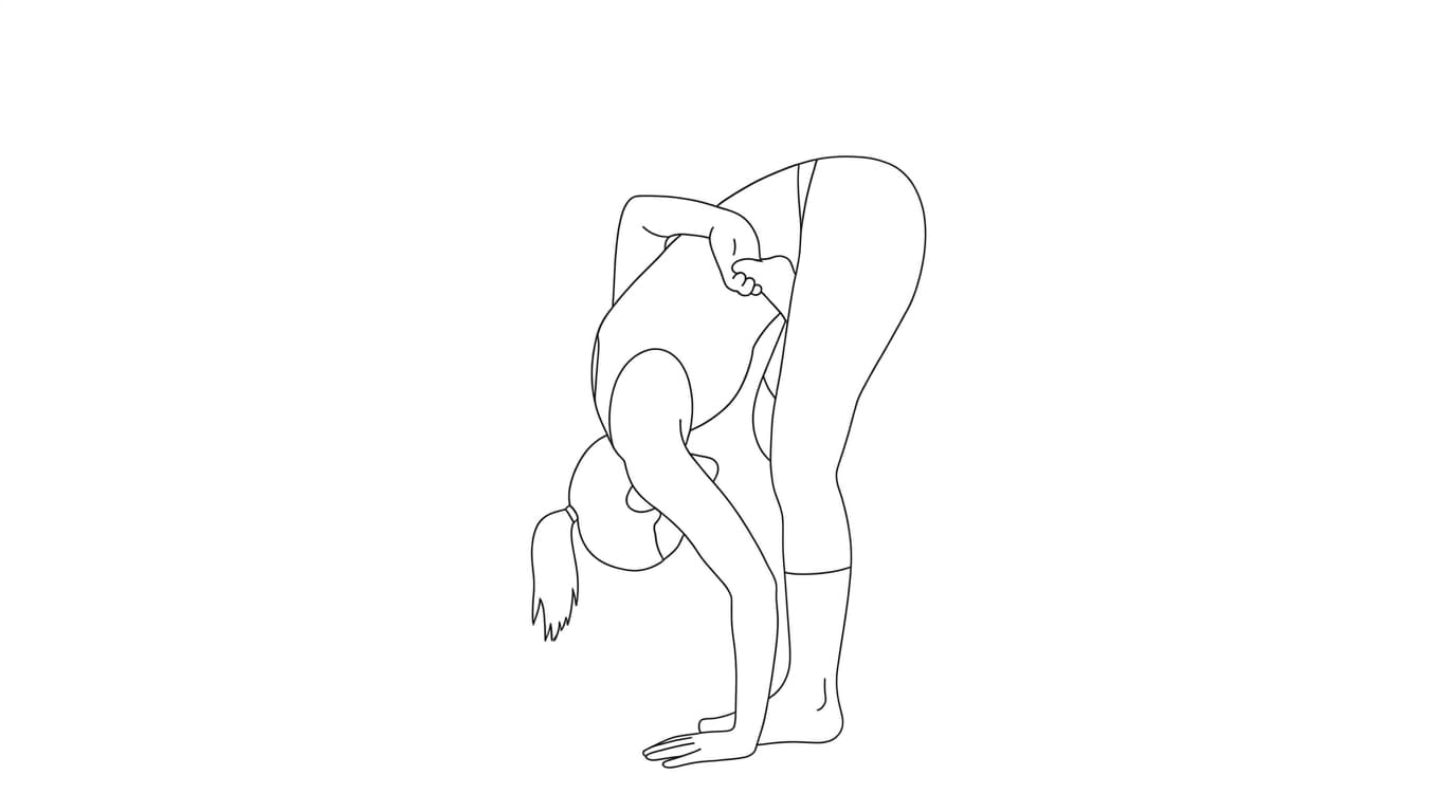 Line-art illustration of Standing Half Bound Lotus Forward Bend (Ardha Baddha Padmottanasana)