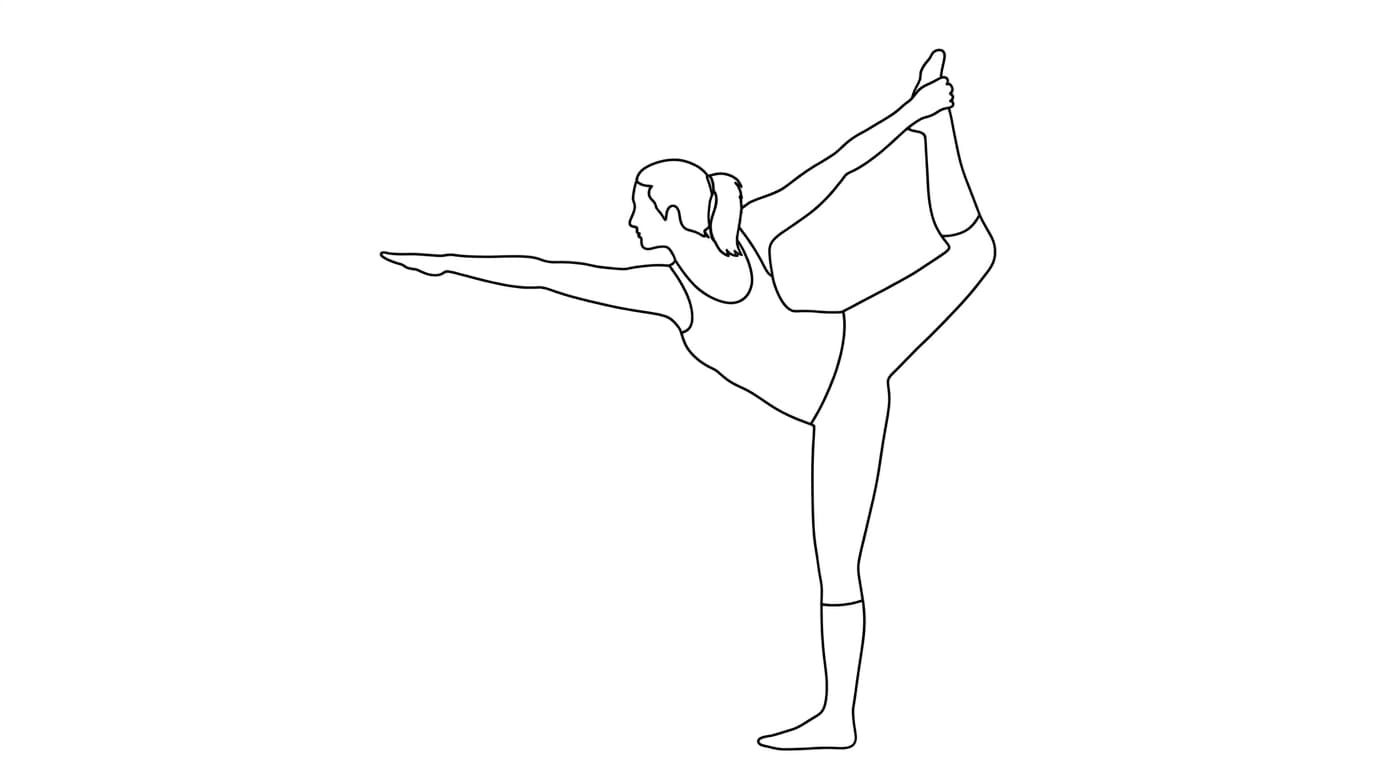 Line-art illustration of Standing Bow (Dandayamana Dhanurasana)