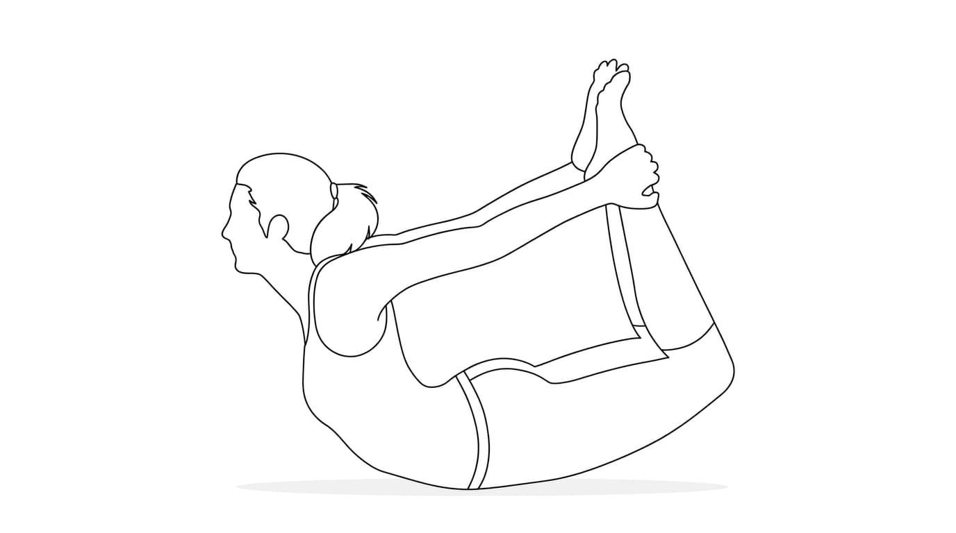 Line-art illustration of Bow Pose (Dhanurasana)
