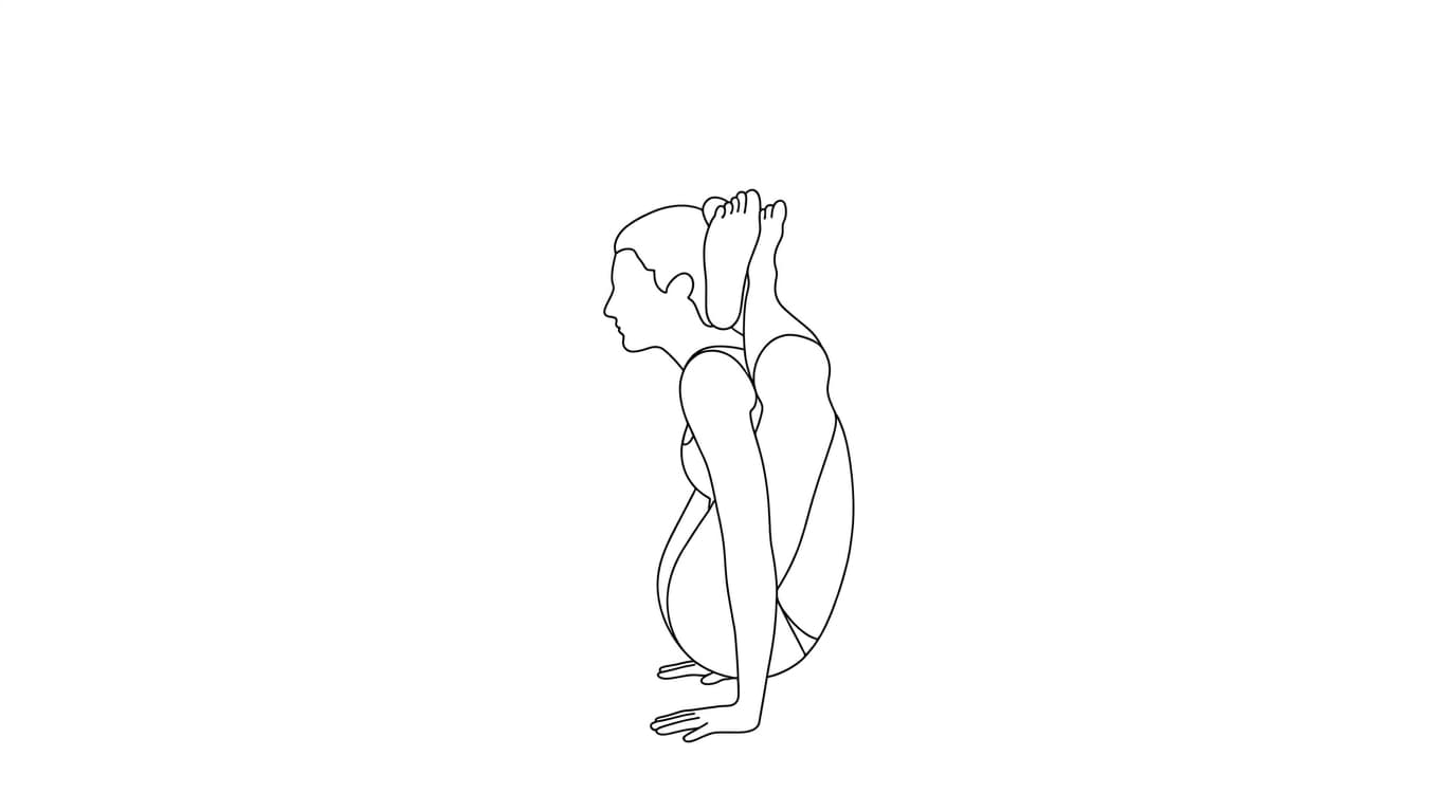 Line-art illustration of Two Legs Behind the Head II (Dvi Pada Sirsasana B)