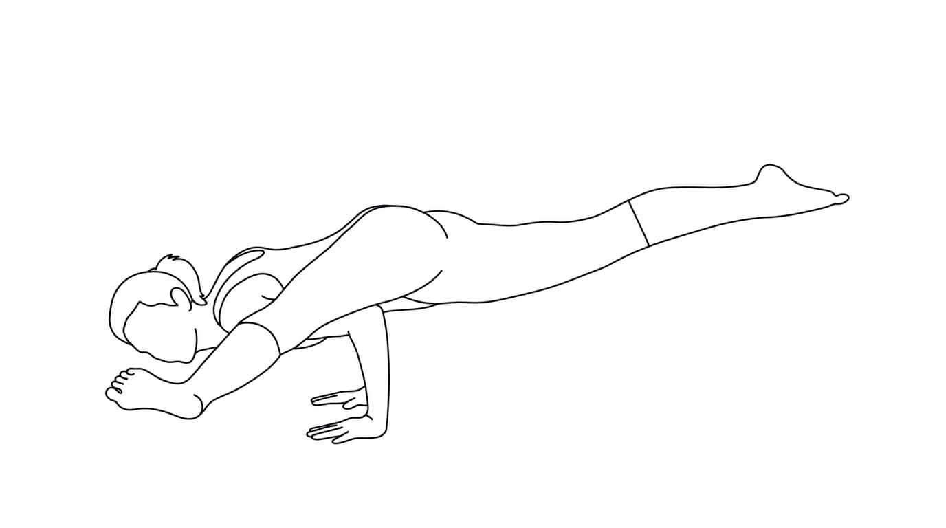Line-art illustration of Flying Man (Eka Pada Koundinyasana)