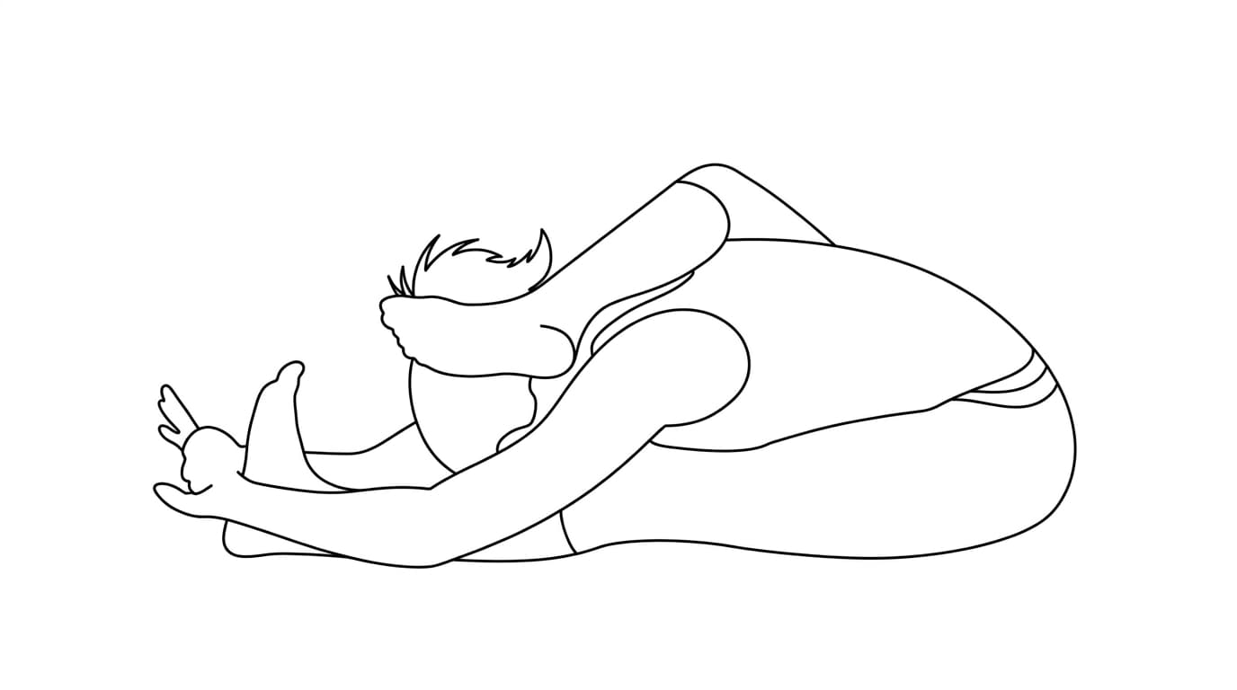 Line-art illustration of One Leg Behind the Head II (Eka Pada Sirsasana B)