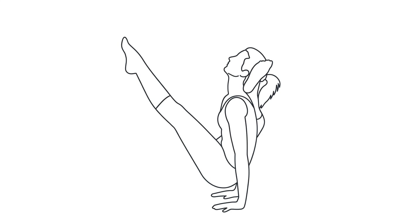 Line-art illustration of Moon Bird (Eka Pada Sirsasana C)