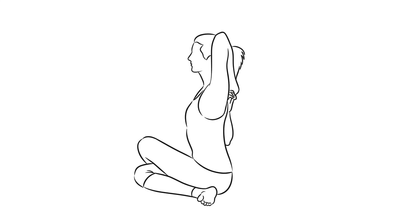 Line-art illustration of Cow Face Pose (Gomukhasana)