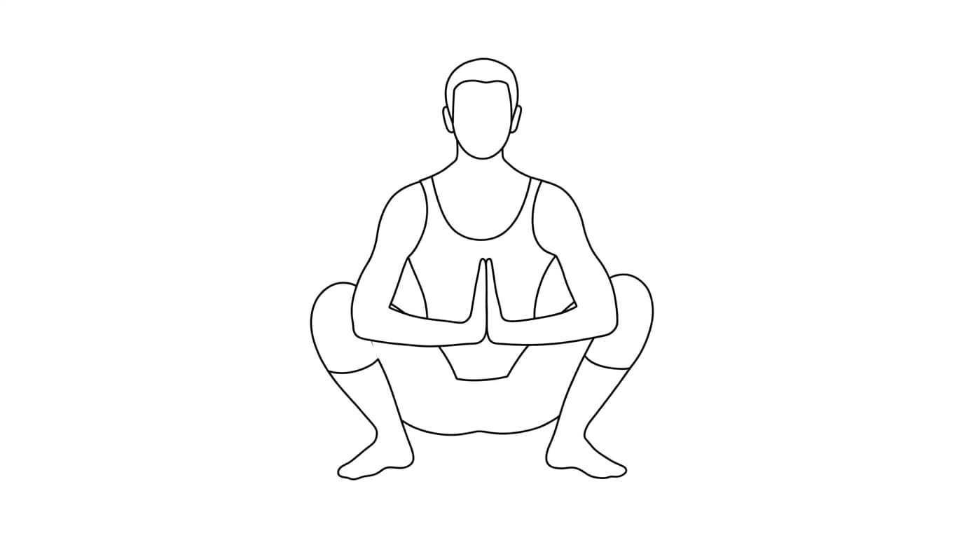 Line-art illustration of Garland Pose (Malasana)
