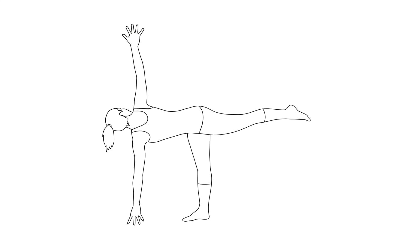 Line-art illustration of Revolved Half Moon (Parivritta Ardha Chandrasana)