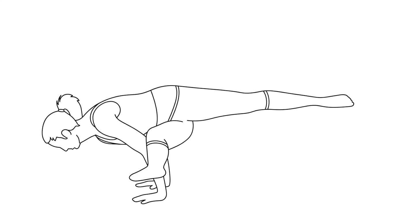 Line-art illustration of Revolved Flying Man (Parivritta Eka Pada Koundinyasana)