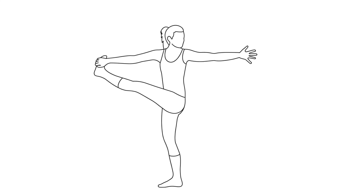 Line-art illustration of Revolved Standing Hand to Big Toe (Parivritta Hasta Padangushthasana)