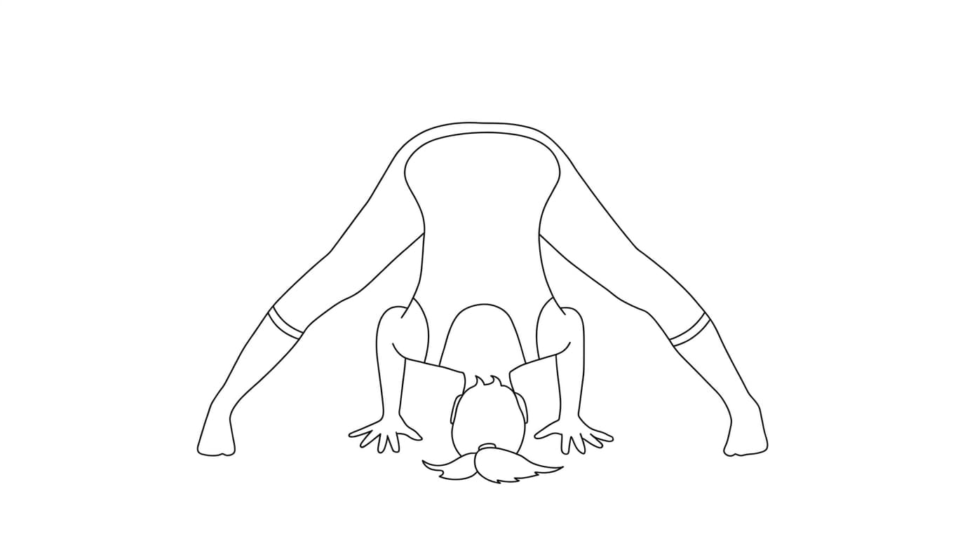 Line-art illustration of Wide-Legged Forward Bend I (Prasarita Padottanasana A)