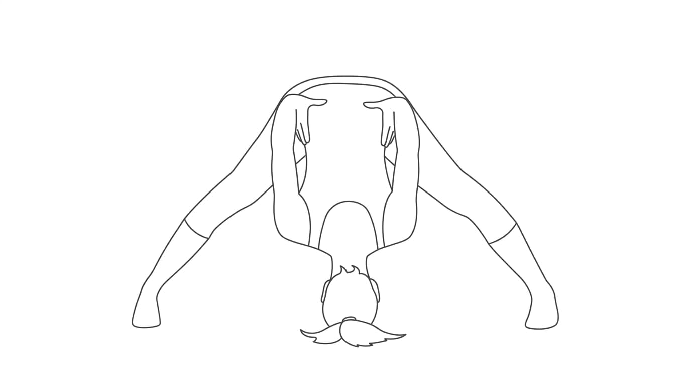 Line-art illustration of Wide-Legged Forward Bend II (Prasarita Padottanasana B)