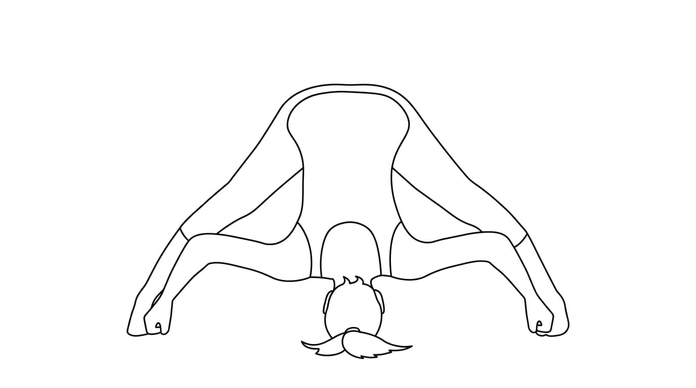 Line-art illustration of Wide-Legged Forward Bend IV (Prasarita Padottanasana D)