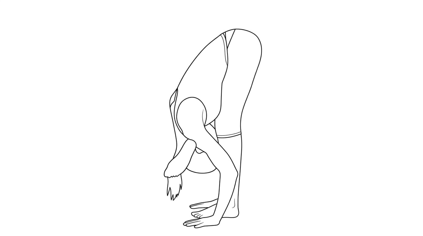 Line-art illustration of Standing Leg Behind the Head Forward Bend (Richikasana)