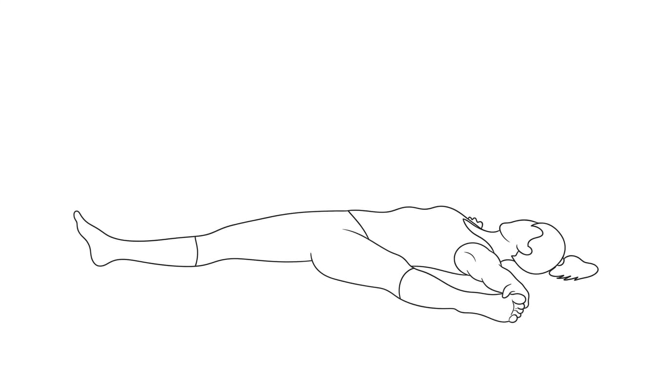 Line-art illustration of Extended Supine Hand to Big Toe (Supta Padangushthasana B)