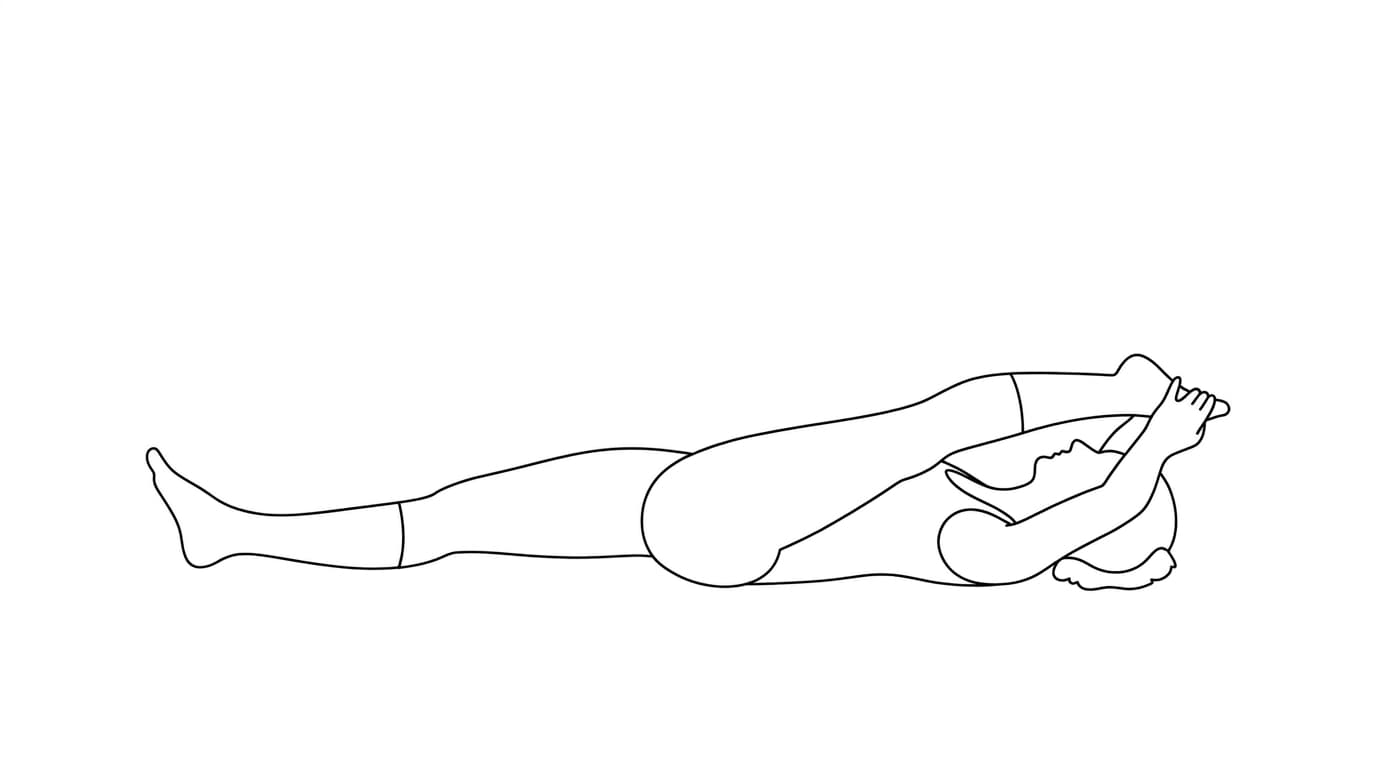 Line-art illustration of Supine Foot to Head (Supta Trivikramasana)