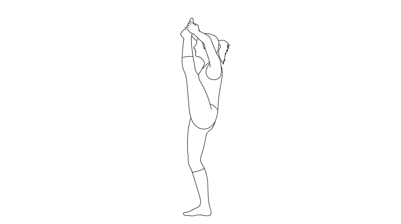Line-art illustration of Standing Foot to Head (Trivikramasana A)