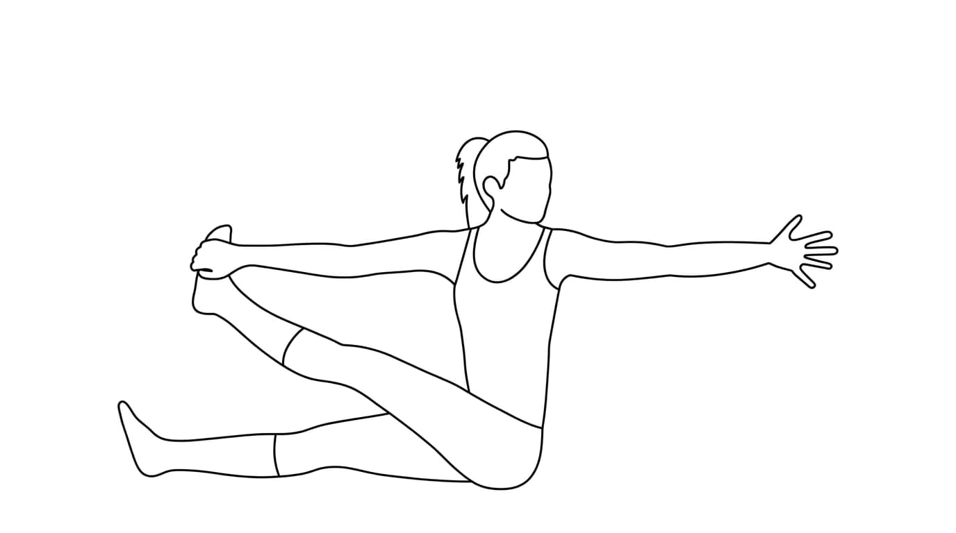 Line-art illustration of Revolved Seated Hand to Big Toe (Upavishta Parivritta Hasta Padangushthasana)
