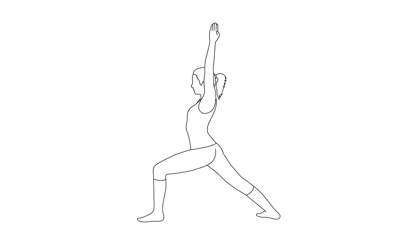 Line-art illustration of Warrior I (Virabhadrasana A)